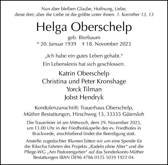 Traueranzeige von Helga Oberschelp von Neue Westfälische