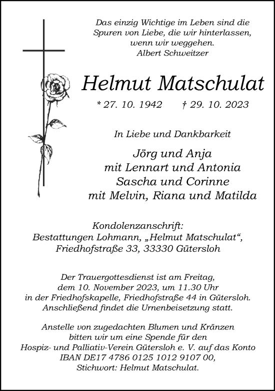 Traueranzeige von Helmut Matschulat von Neue Westfälische