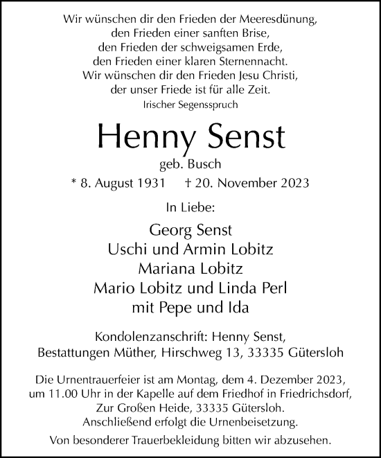 Traueranzeige von Henny Senst von Neue Westfälische