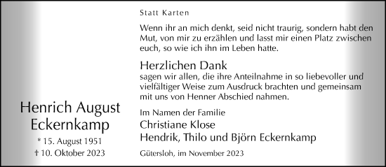 Traueranzeige von Henrich August Eckernkamp von Neue Westfälische