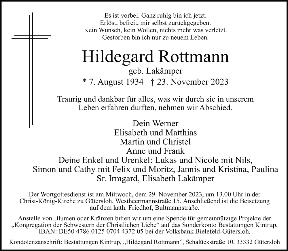 Traueranzeige für Hildegard Rottmann vom 25.11.2023 aus Neue Westfälische