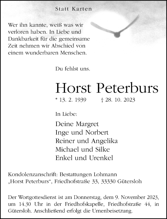 Traueranzeige von Horst Peterburs von Neue Westfälische