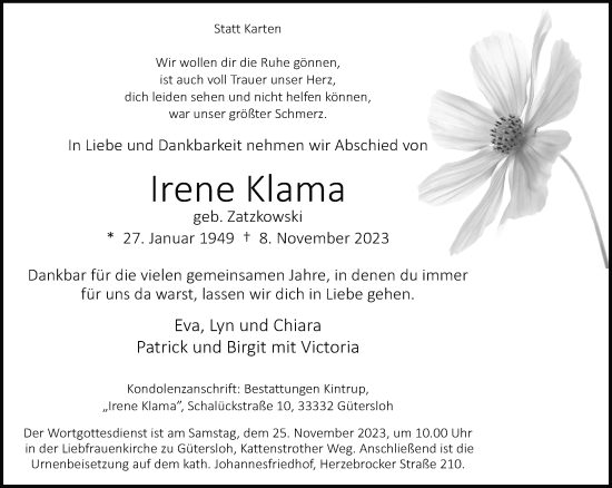 Traueranzeige von Irene Klama von Neue Westfälische
