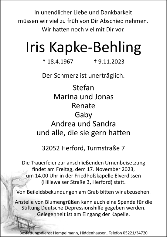 Traueranzeige von Iris Kapke-Behling von Neue Westfälische