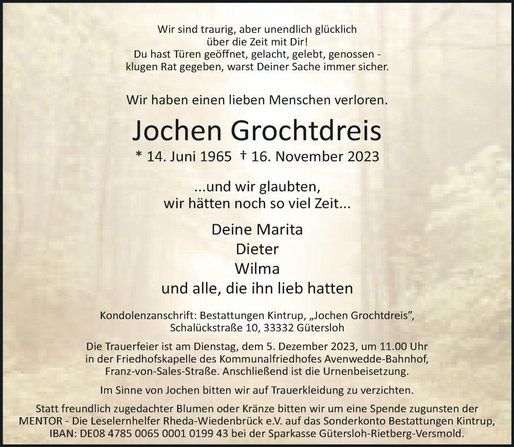  Traueranzeige für Jochen Grochtdreis vom 23.11.2023 aus Neue Westfälische
