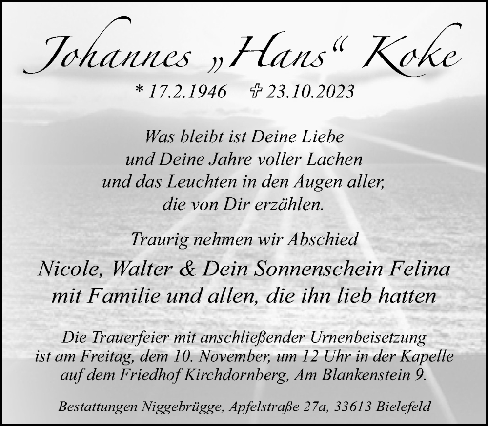  Traueranzeige für Johannes Koke vom 04.11.2023 aus Neue Westfälische