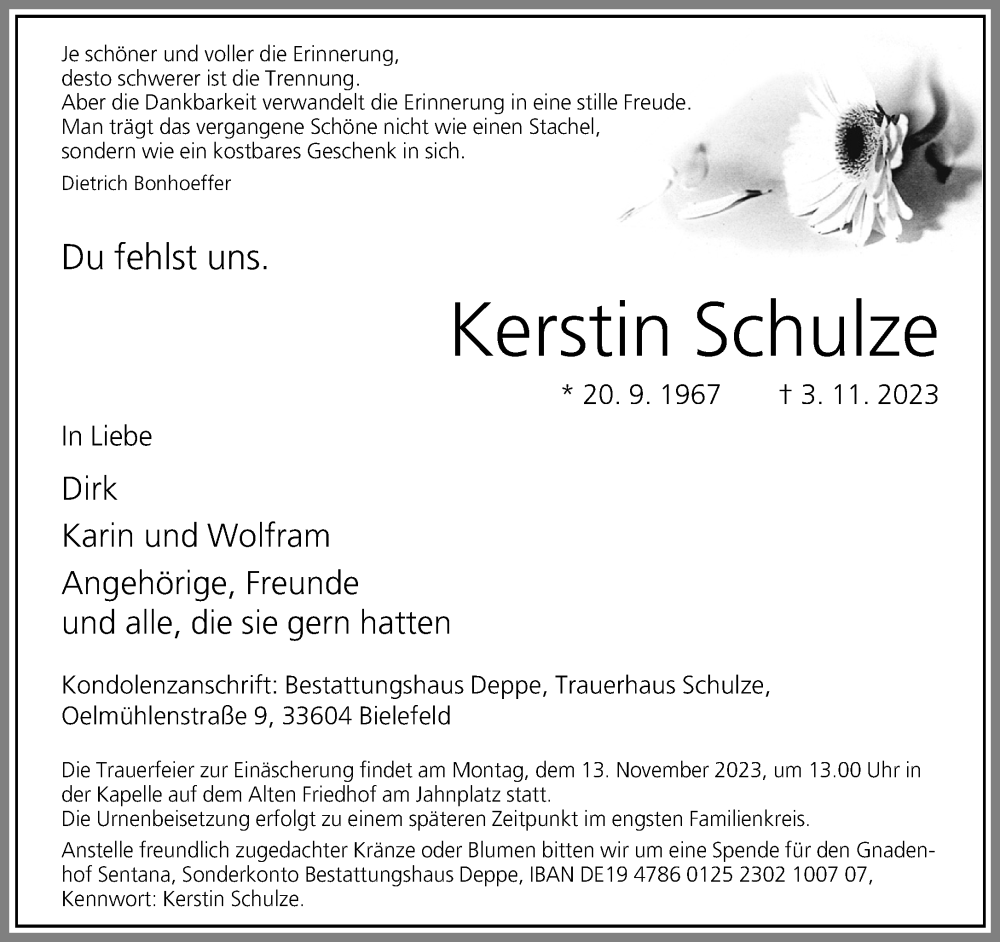  Traueranzeige für Kerstin Schulze vom 11.11.2023 aus Neue Westfälische