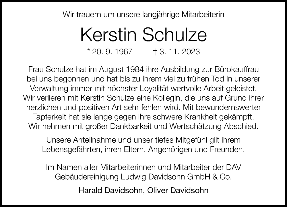  Traueranzeige für Kerstin Schulze vom 11.11.2023 aus Neue Westfälische