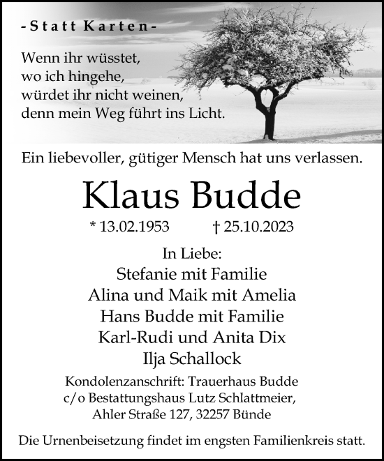 Traueranzeige von Klaus Budde von Neue Westfälische