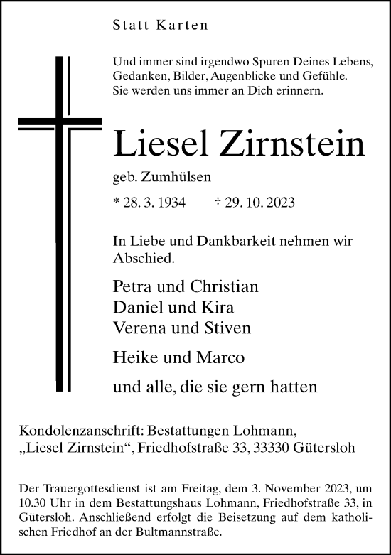 Traueranzeige von Liesel Zirnstein von Neue Westfälische