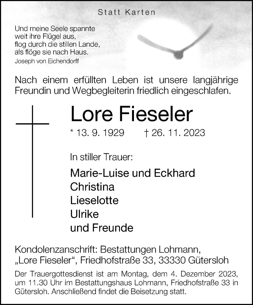  Traueranzeige für Lore Fieseler vom 29.11.2023 aus Neue Westfälische