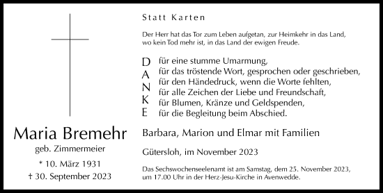 Traueranzeige von Maria Bremehr von Neue Westfälische
