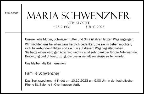 Traueranzeige von Maria Schwenzner von Neue Westfälische