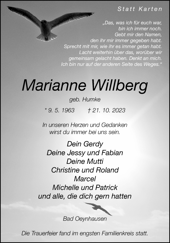  Traueranzeige für Marianne Willberg vom 04.11.2023 aus Neue Westfälische