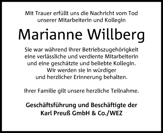 Traueranzeige von Marianne Willberg von Neue Westfälische