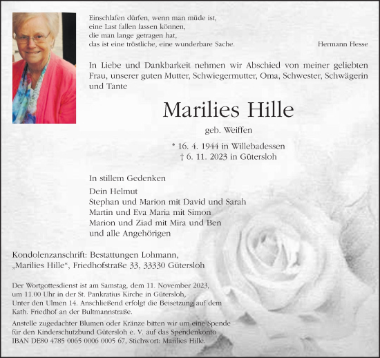 Traueranzeige von Marilies Hille von Neue Westfälische
