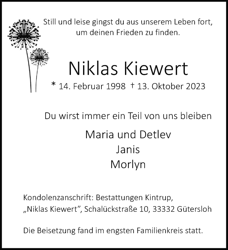  Traueranzeige für Niklas Kiewert vom 01.11.2023 aus Neue Westfälische
