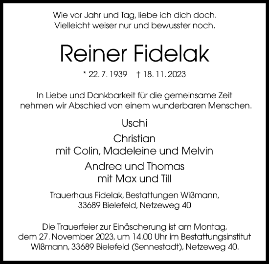 Traueranzeige von Reiner Fidelak von Neue Westfälische