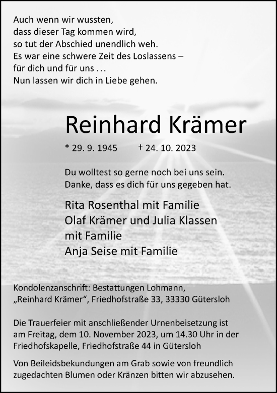 Traueranzeige von Reinhard Krämer von Neue Westfälische