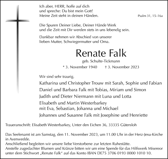 Traueranzeige von Renate Falk von Neue Westfälische