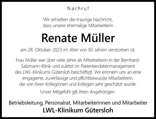 Traueranzeige von Renate Müller von Neue Westfälische