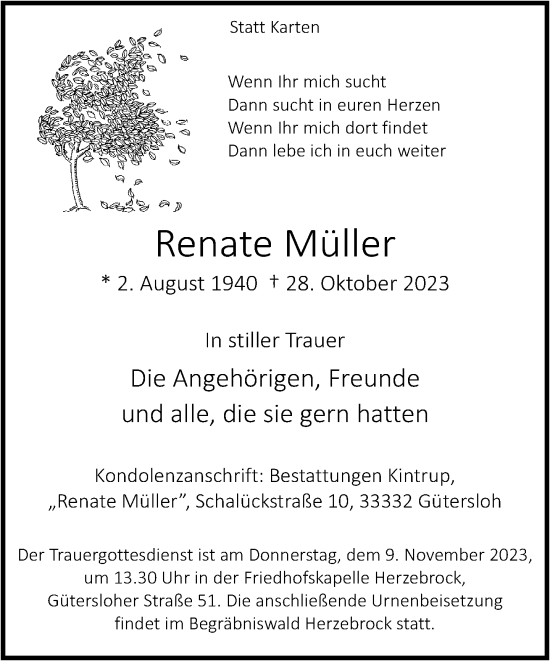 Traueranzeige von Renate Müller von Neue Westfälische