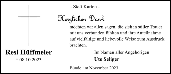 Traueranzeige von Resi Hüffmeier von Neue Westfälische