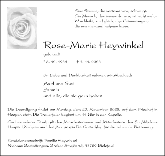 Traueranzeige von Rose-Marie Heywinkel von Neue Westfälische