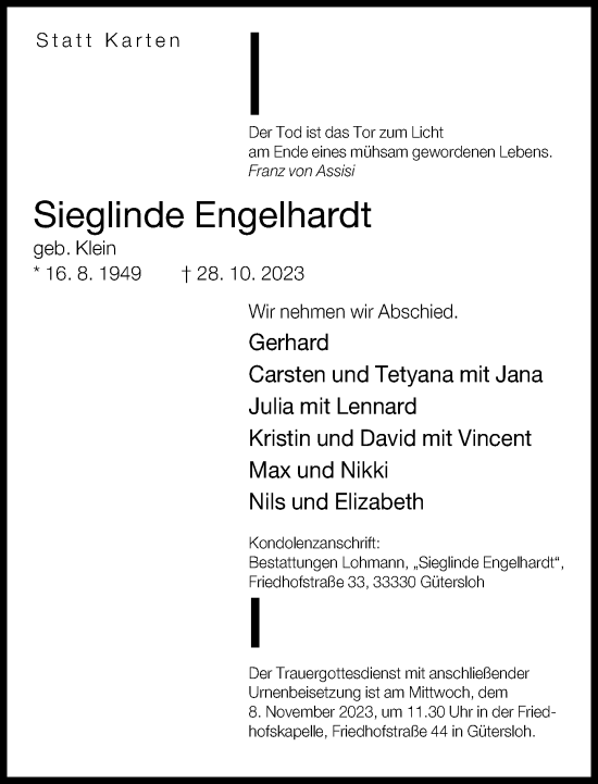 Traueranzeige von Sieglinde Engelhardt von Neue Westfälische