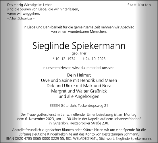 Traueranzeige von Sieglinde Spiekermann von Neue Westfälische