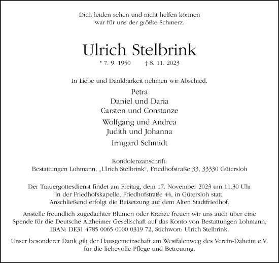 Traueranzeige von Ulrich Stelbrink von Neue Westfälische