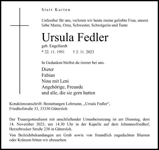 Traueranzeige von Ursula Fedler von Neue Westfälische