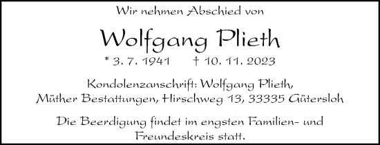 Traueranzeige von Wolfgang Plieth von Neue Westfälische