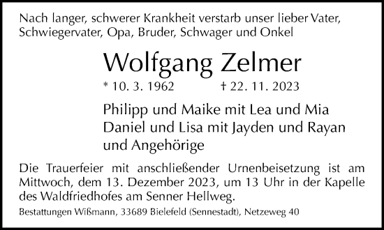 Traueranzeige von Wolfgang Zelmer von Neue Westfälische
