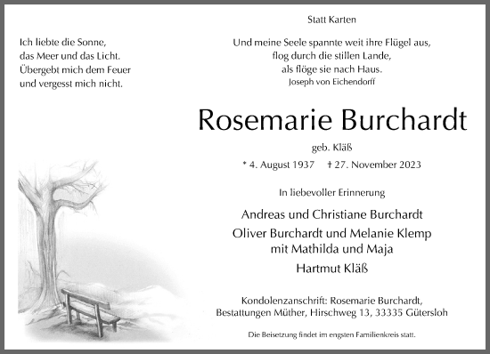 Traueranzeige von Rosemarie Burchardt von Neue Westfälische