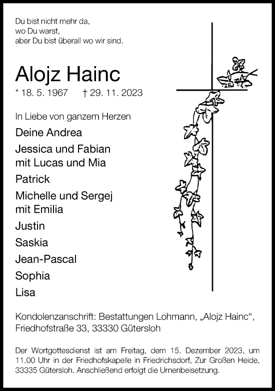 Traueranzeige von Alojz Hainc von Neue Westfälische