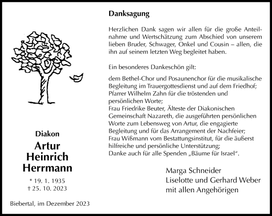 Traueranzeige von Artur Heinrich Herrmann von Neue Westfälische