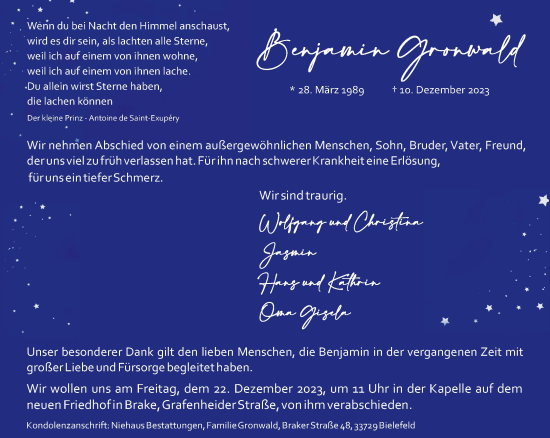 Traueranzeige von Benjamin Gronwald von Neue Westfälische