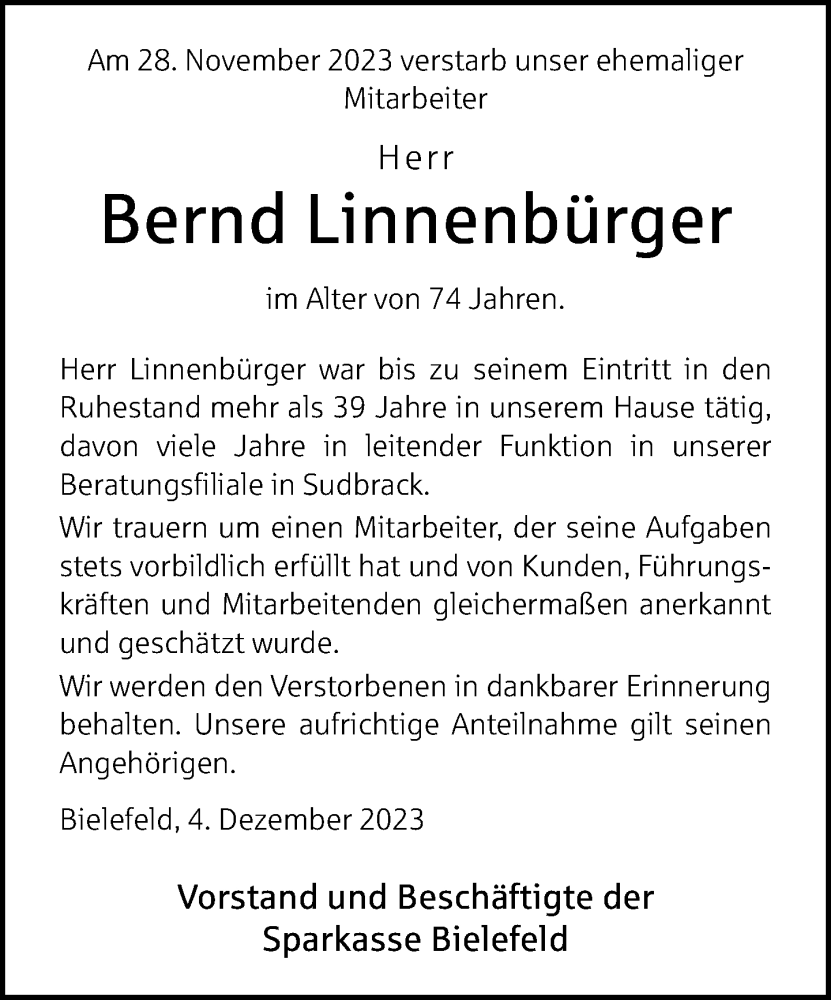  Traueranzeige für Bernd Linnenbürger vom 06.12.2023 aus Neue Westfälische