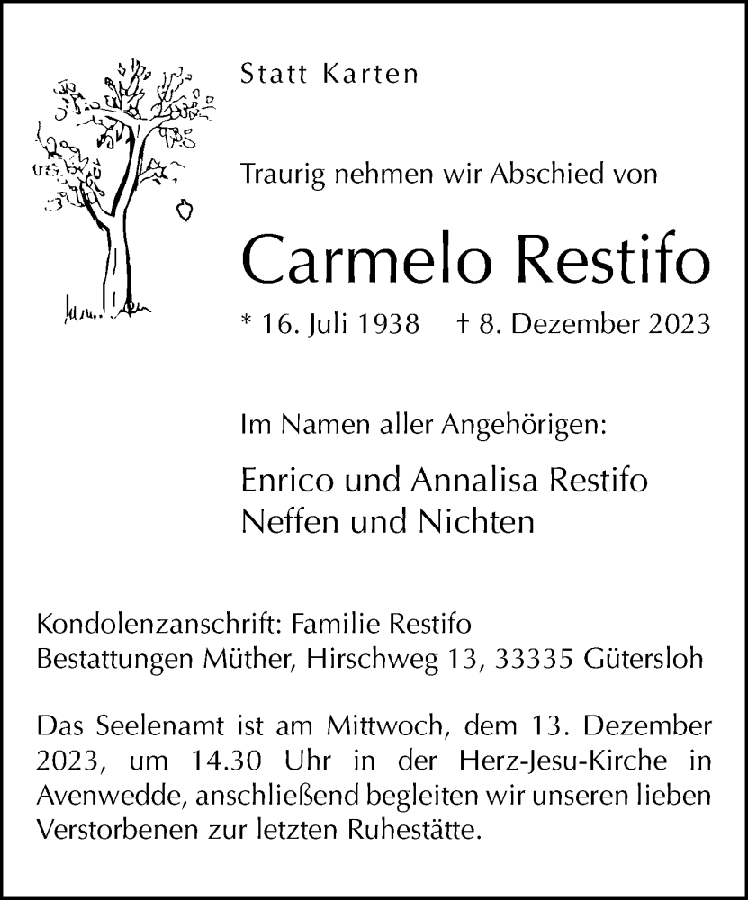  Traueranzeige für Carmelo Restifo vom 12.12.2023 aus Neue Westfälische