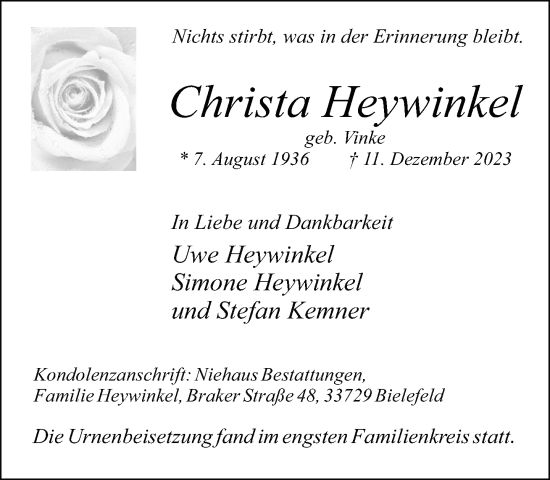 Traueranzeige von Christa Heywinkel von Neue Westfälische