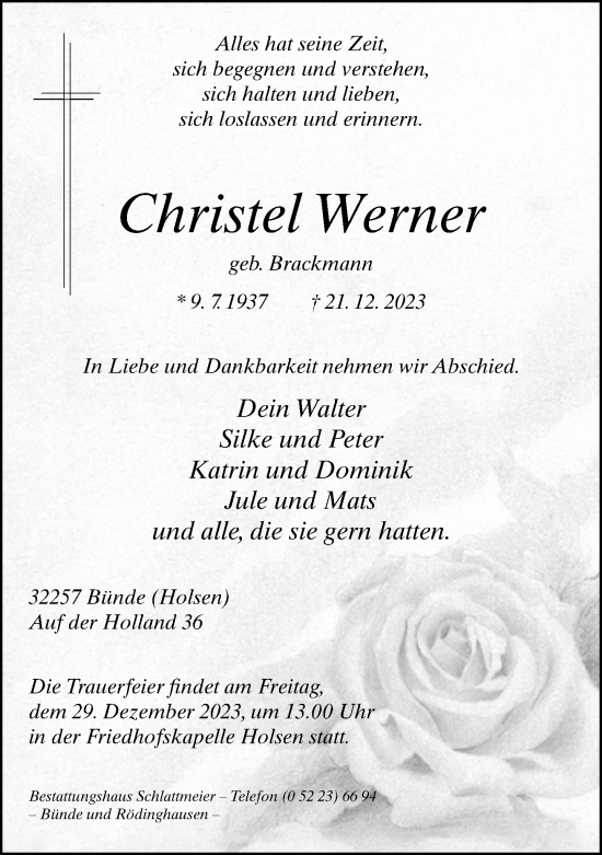 Traueranzeige von Christel Werner von Neue Westfälische