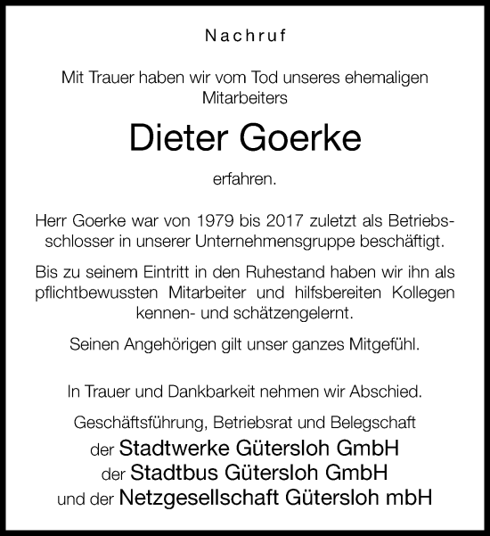 Traueranzeige von Dieter Goerke von Neue Westfälische