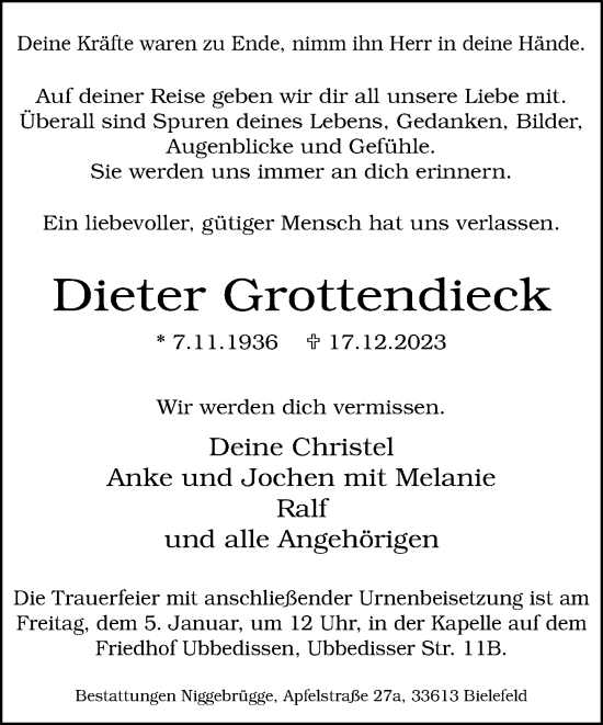 Traueranzeige von Dieter Grottendieck von Neue Westfälische