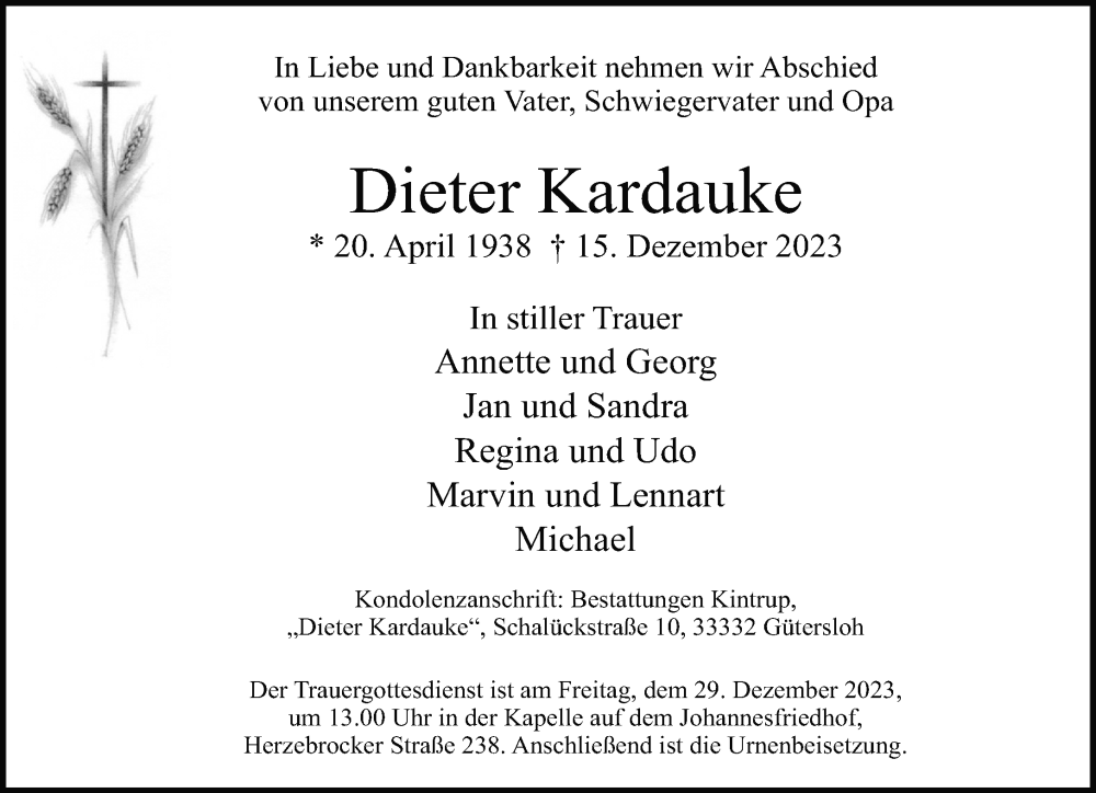  Traueranzeige für Dieter Kardauke vom 22.12.2023 aus Neue Westfälische