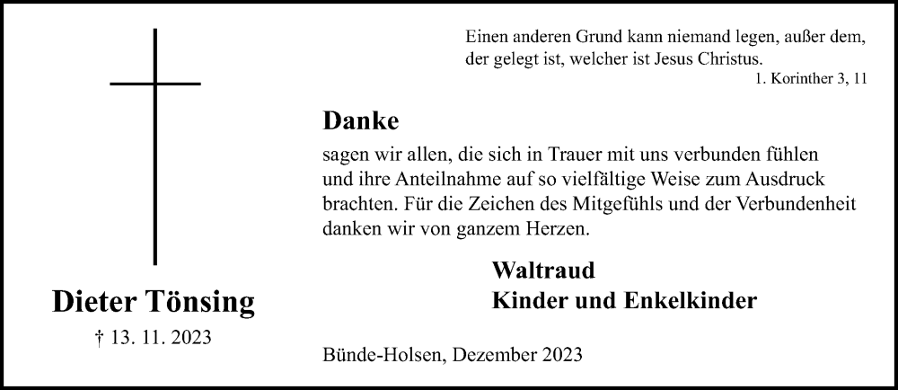  Traueranzeige für Dieter Tönsing vom 16.12.2023 aus Neue Westfälische