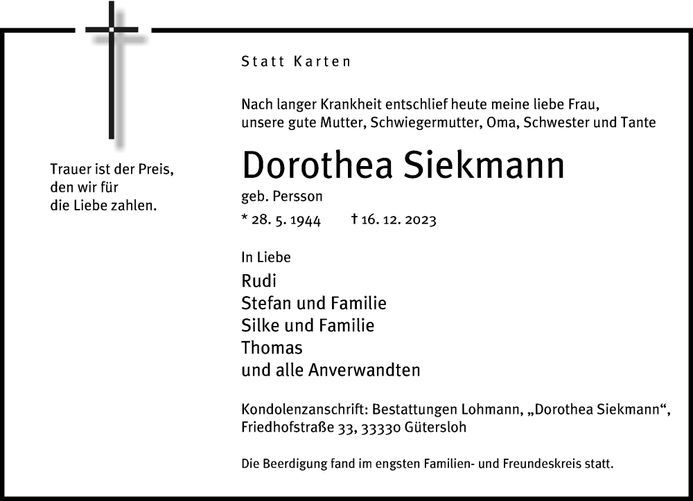  Traueranzeige für Dorothea Siekmann vom 30.12.2023 aus Neue Westfälische