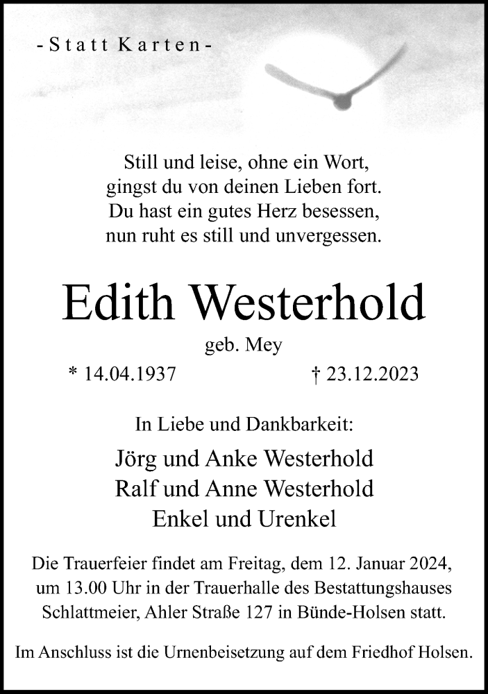 Traueranzeige für Edith Westerhold vom 30.12.2023 aus Neue Westfälische