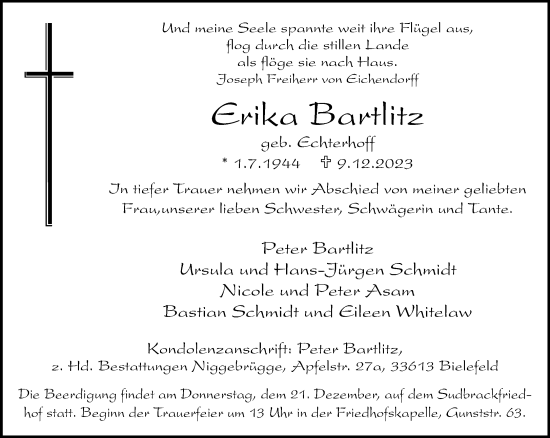 Traueranzeige von Erika Bartlitz von Neue Westfälische