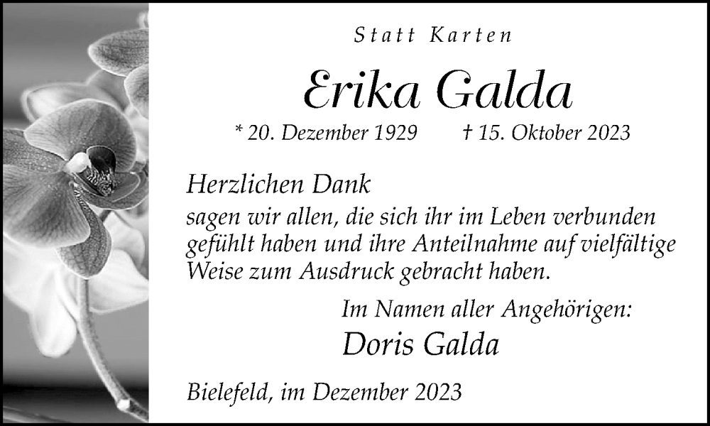  Traueranzeige für Erika Galda vom 02.12.2023 aus Neue Westfälische